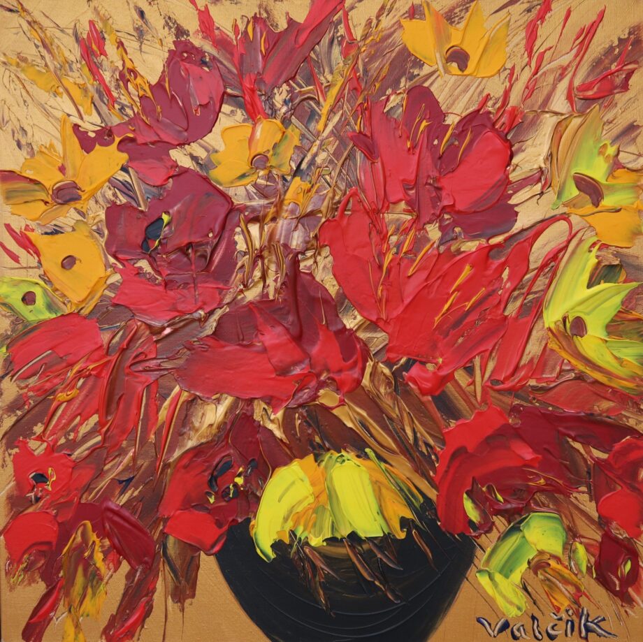 Zlatočervené květiny v tmavé váze - Josef Valčík - acrylic painting