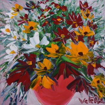 Polní květy v červené váze - Josef Valčík - acrylic painting