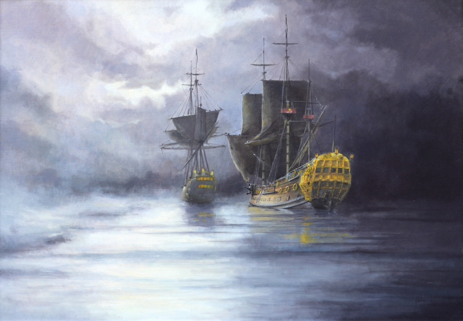 Fog - HMS Bonaventure - Václav K. Killer - oil painting